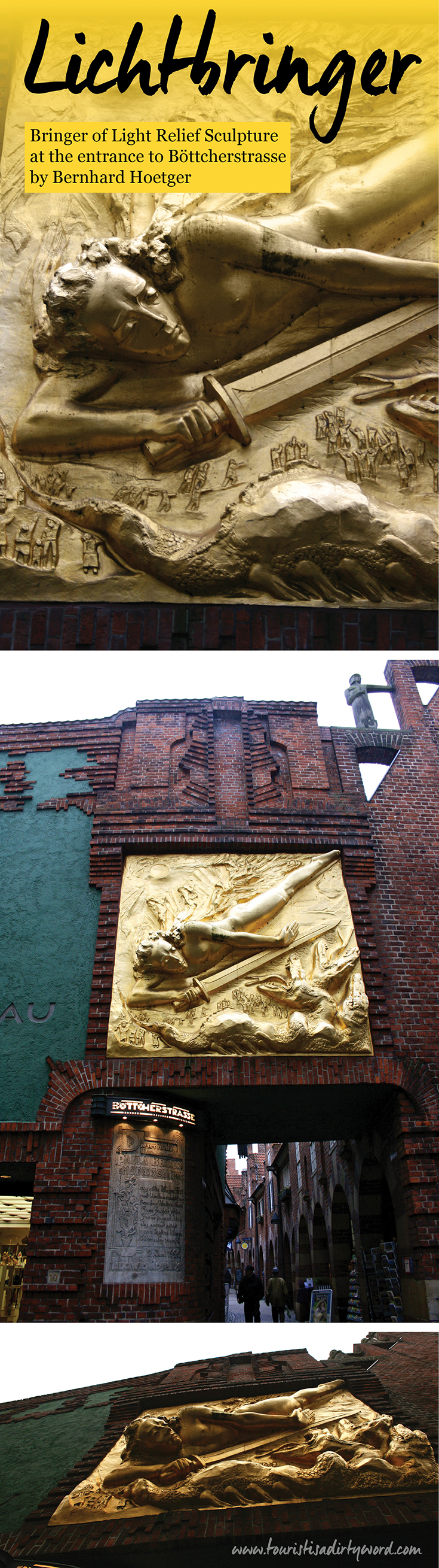 Beginning Your Stroll Through Böttcherstrasse at the Entrance with the Light Bringer Relief Sculpture • Bremen, Germany
