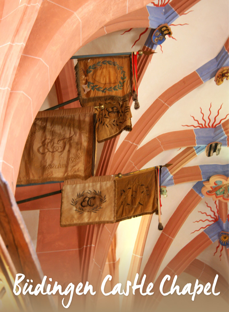 Buedingen Castle Chapel Wedding Flags Hang in the Arched Ceiling