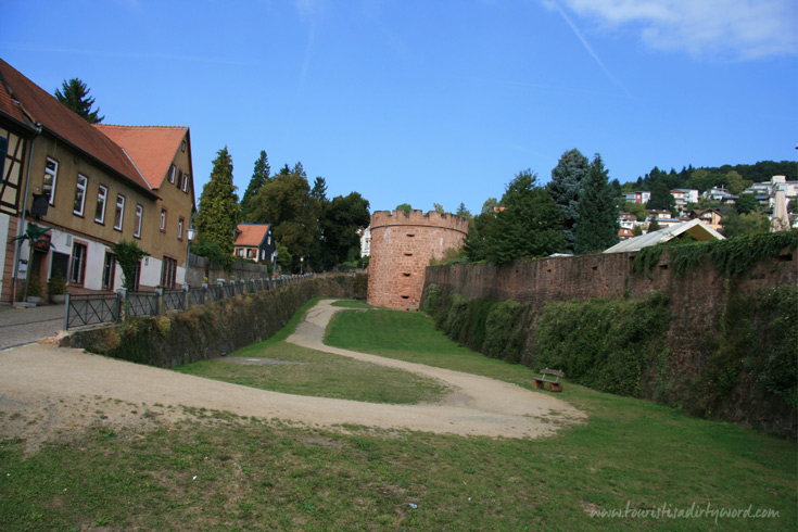 View of the medieval town wall and moat in Buedingen