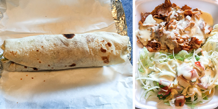 Different ways to eat döner, hand held in a pita bread, or open-faced without pita bread. 