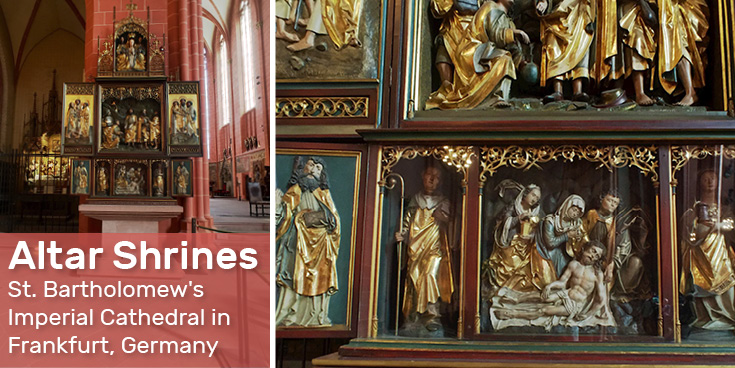 On the pillars of the crossing, as well as in some bays of the transept, are altar shrines assembled by the priest and art collector E.F.A. Muenzenberger | St. Bartholomew's Imperial Cathedral in Frankfurt