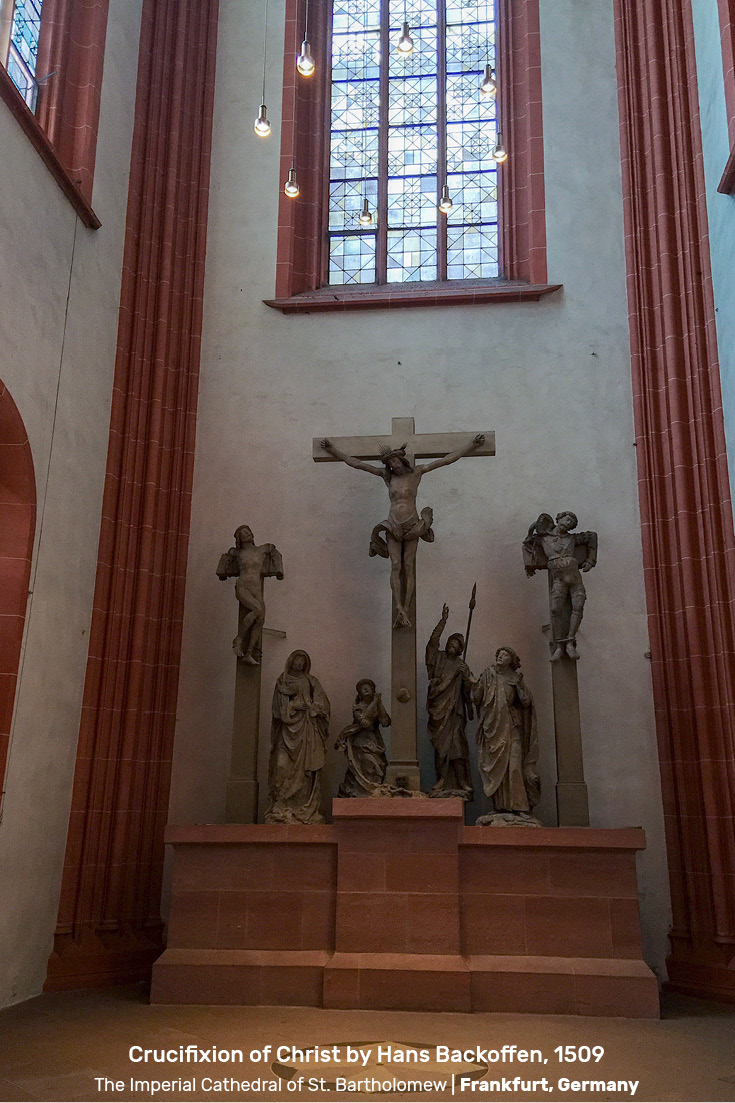 Crucifixion of Christ by Hans Backoffen, 1509, in the belfry chapel of the Imperial Cathedral of St. Bartholomew, Frankfurt am Main Germany.