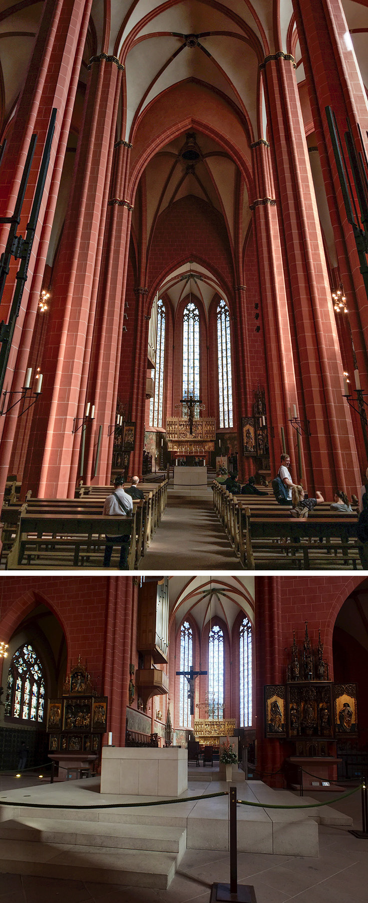 The red sandstone interior of St. Bartholomew's Imperial Cathedral in Frankfurt am Main, Germany