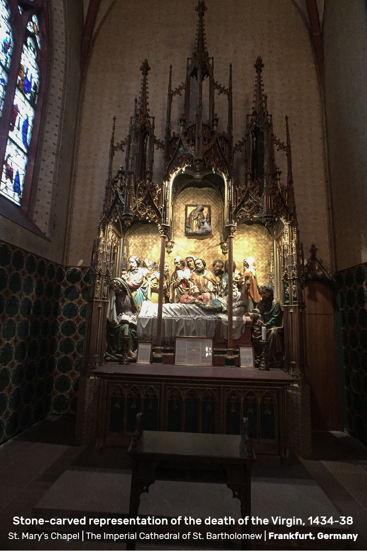 Stone-carved representation of the Dormition (death of the Virgin, 1434-38) | St. Bartholomew's Imperial Cathedral in Frankfurt