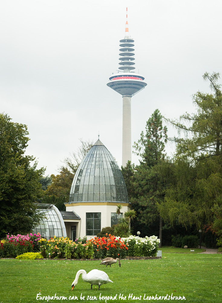 Europaturm can be seen beyond the Haus Leonhardsbrunn in Palmengarten in Frankfurt am Main, Germany