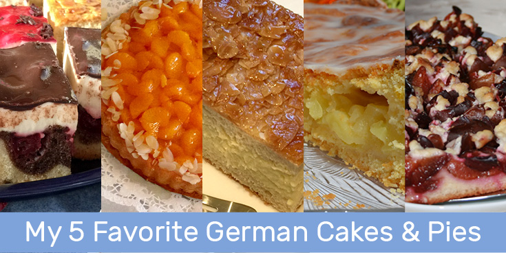 My 5 Favorite German Cakes & Pies, from left, Donauwelle, Mandarinenkuchen, Bienenstich, Gedeckter Apfelkuchen and Pflaumenkuchen