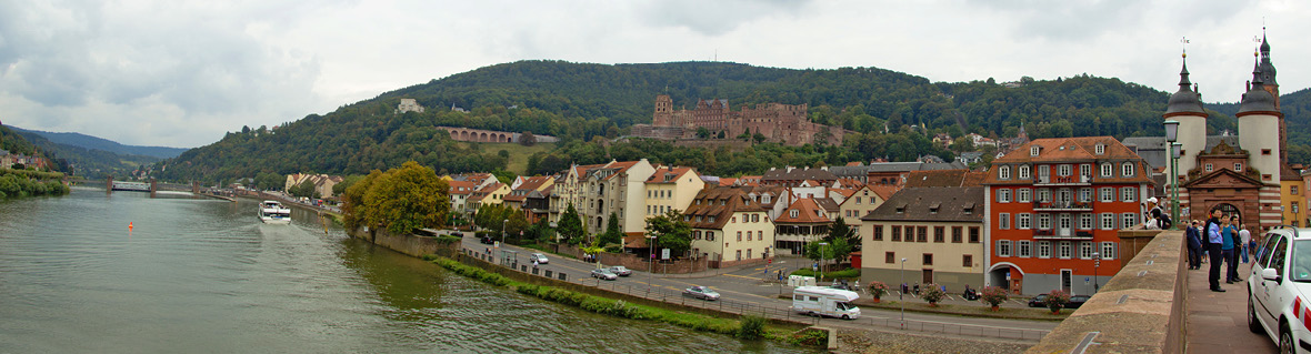 Panorama view of the Heidelberg castle from the Old Bridge 