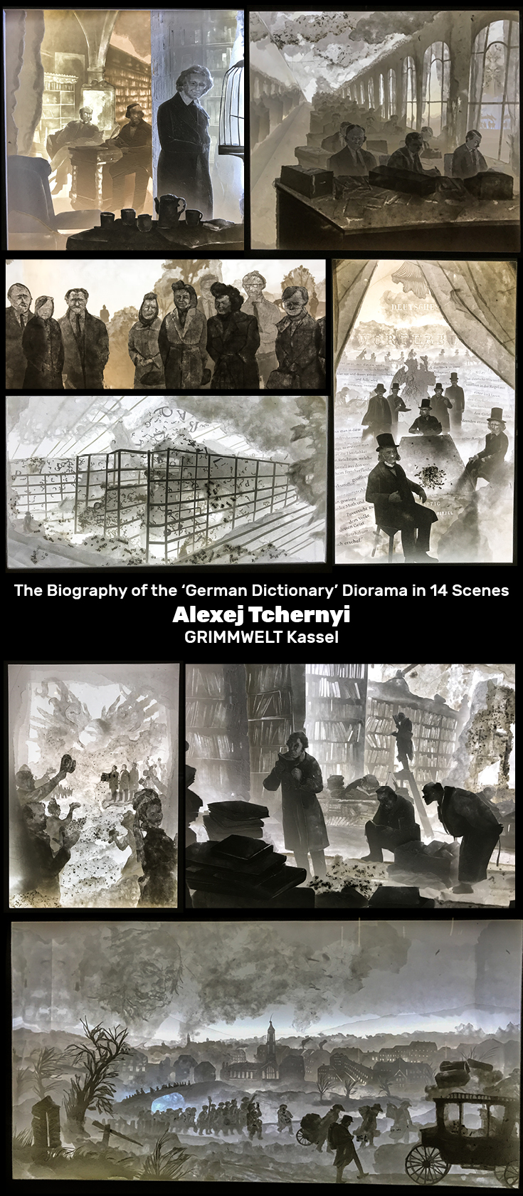 Why would you want to learn about the history of the German dictionary? GRIMM WORLD makes learning about it interesting through jaw-dropping artwork. I soon realize that the earlier exhibit of the Grimm’s personal scissors and paper cut outs were foreshadowing artist Alexej Tchernyi’s fourteen hand cut paper three-dimensional dioramas about the German dictionary’s history. They’re incredible!