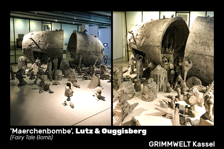 Exploring GRIMM WORLD in Kassel:  a larger than life sculpture ‘Maerchenbombe’ or Fairy Tale Bomb by the artists Lutz and Guggisberg, rightly titled as it looks like a big egg has hatched and little creatures are escaping towards the visitor.