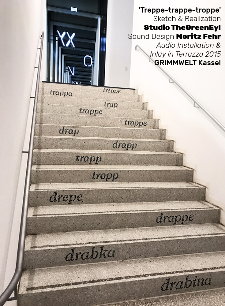 Art comes to the rescue again to explain the Grimm brothers’ interest in how something sounds affects the development of the word itself. To illuminate, as you make ‘trip-trap’ sounds down the treppe, the German word for stairs, you’ll hear voices say versions of the word treppe across time. Very clever!