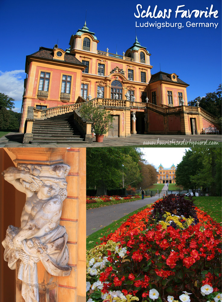 Southern Facade of Schloss Favorite in Ludwigsburg, Germany | Closeup of Statue | Flower-line path leading to Schloss Favorite from Residenzschloss Ludwigsburg