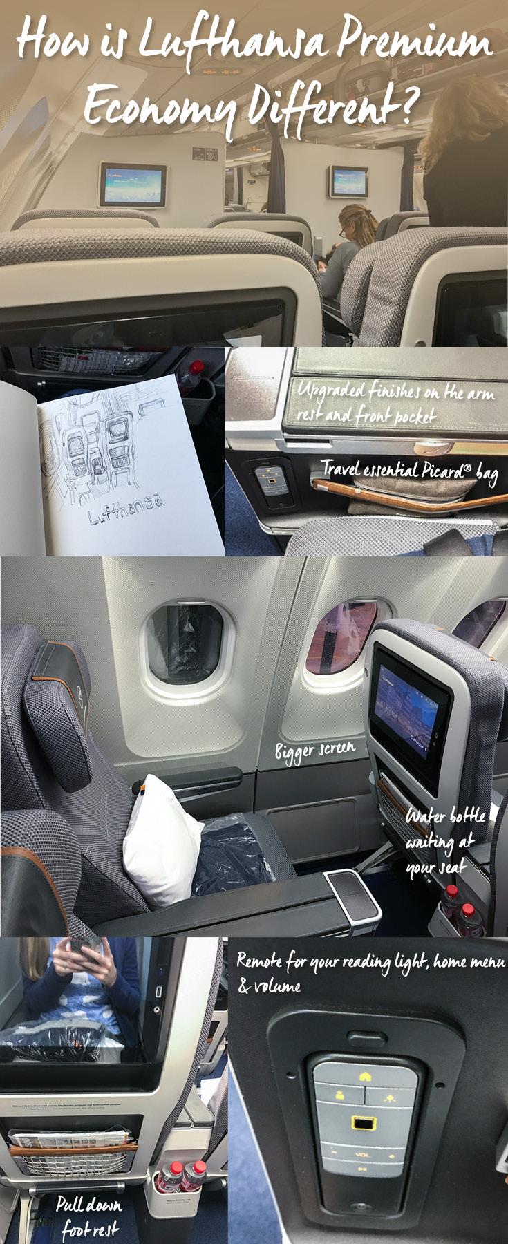 A first-hand review from a passenger who upgraded for anxiety reasons. It explains the differences between the Premium and regular Economy for Lufthansa. Includes annotated photos of the upgraded finishes.