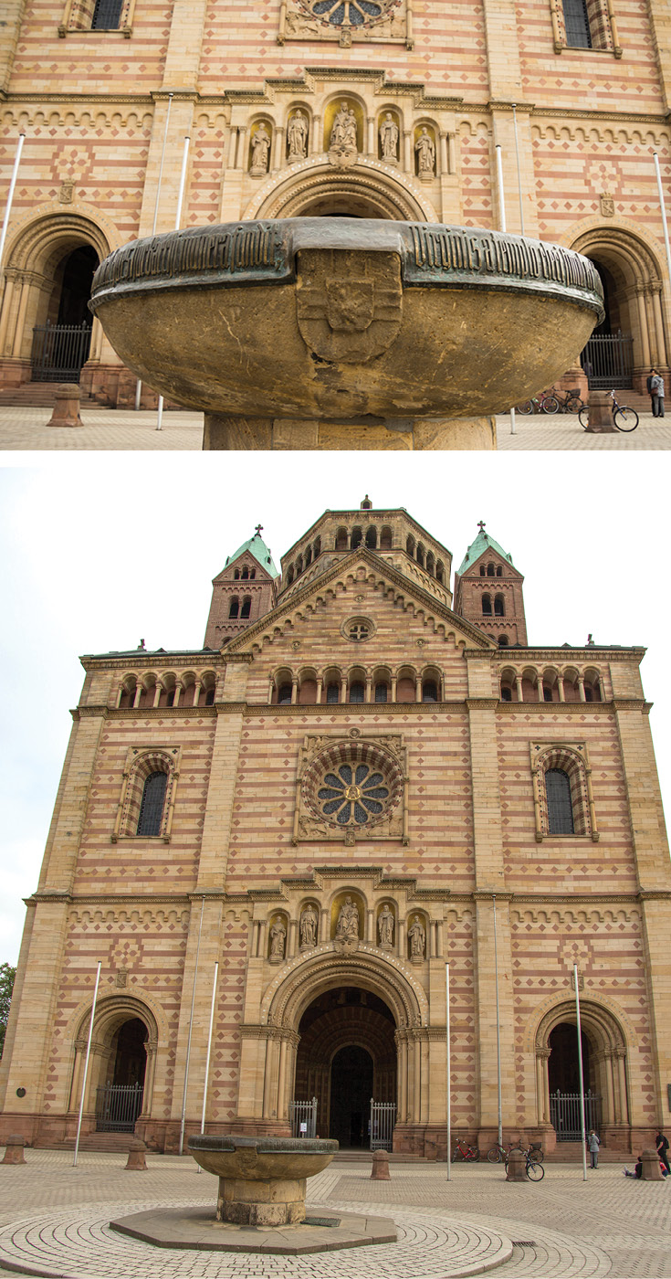 Outside the western entrance of the Speyer Cathedral stands the Cathedral Bowl. Many, many years ago it was often used as a loophole for those hoping to escape prison sentences, as the bowl marks the separate bishop and city territories. 