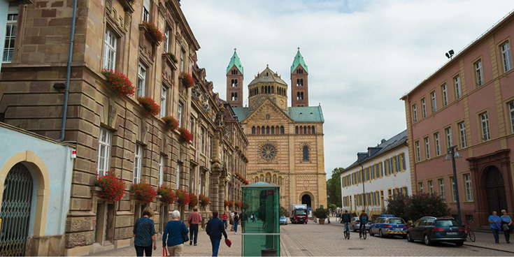 The view of the Speyer Cathedral from Maximilianstrasse