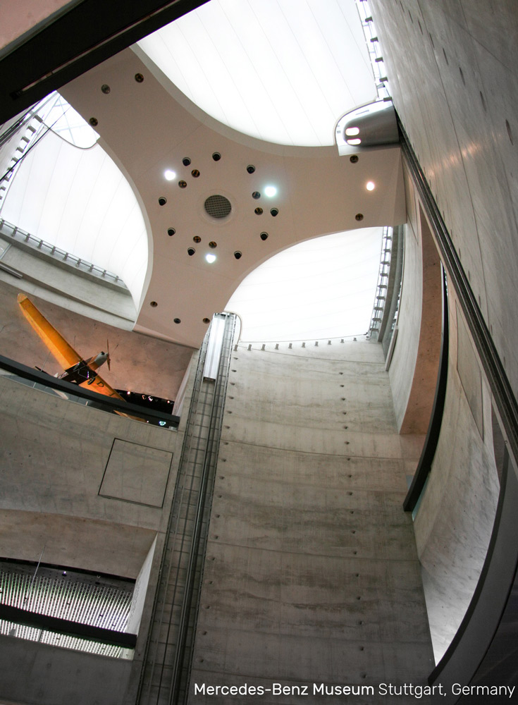 Looking up to the ceiling in the Mercedes-Benz Museum in Stuttgart, Germany