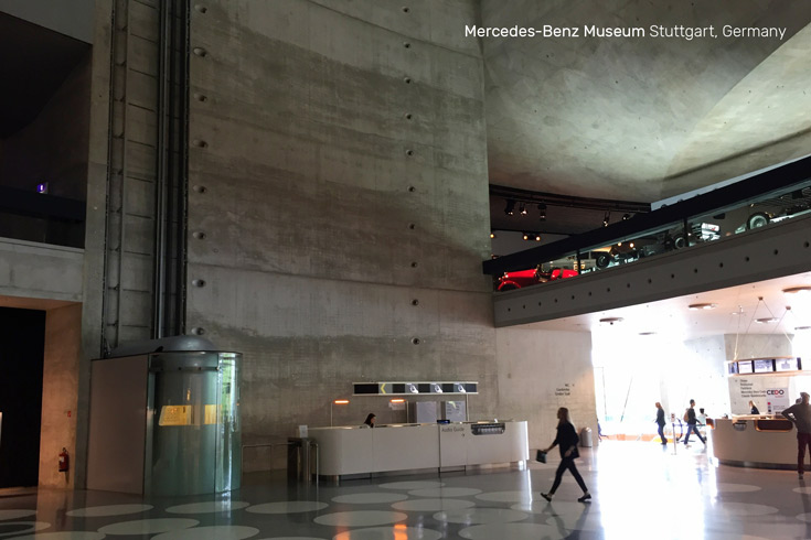 The lobby and unique elevator design in the Mercedes-Benz Museum in Stuttgart, Germany