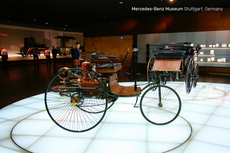 Benz Patent Motor Car made by Carl Benz, the first car in the world with a gasoline engine | Mercedes-Benz Museum in Stuttgart, Germany