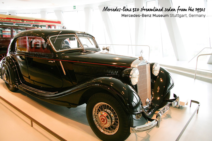 Mercedes-Benz 320 streamlined sedan from the 1930s, on display in the Mercedes-Benz Museum in Stuttgart, Germany