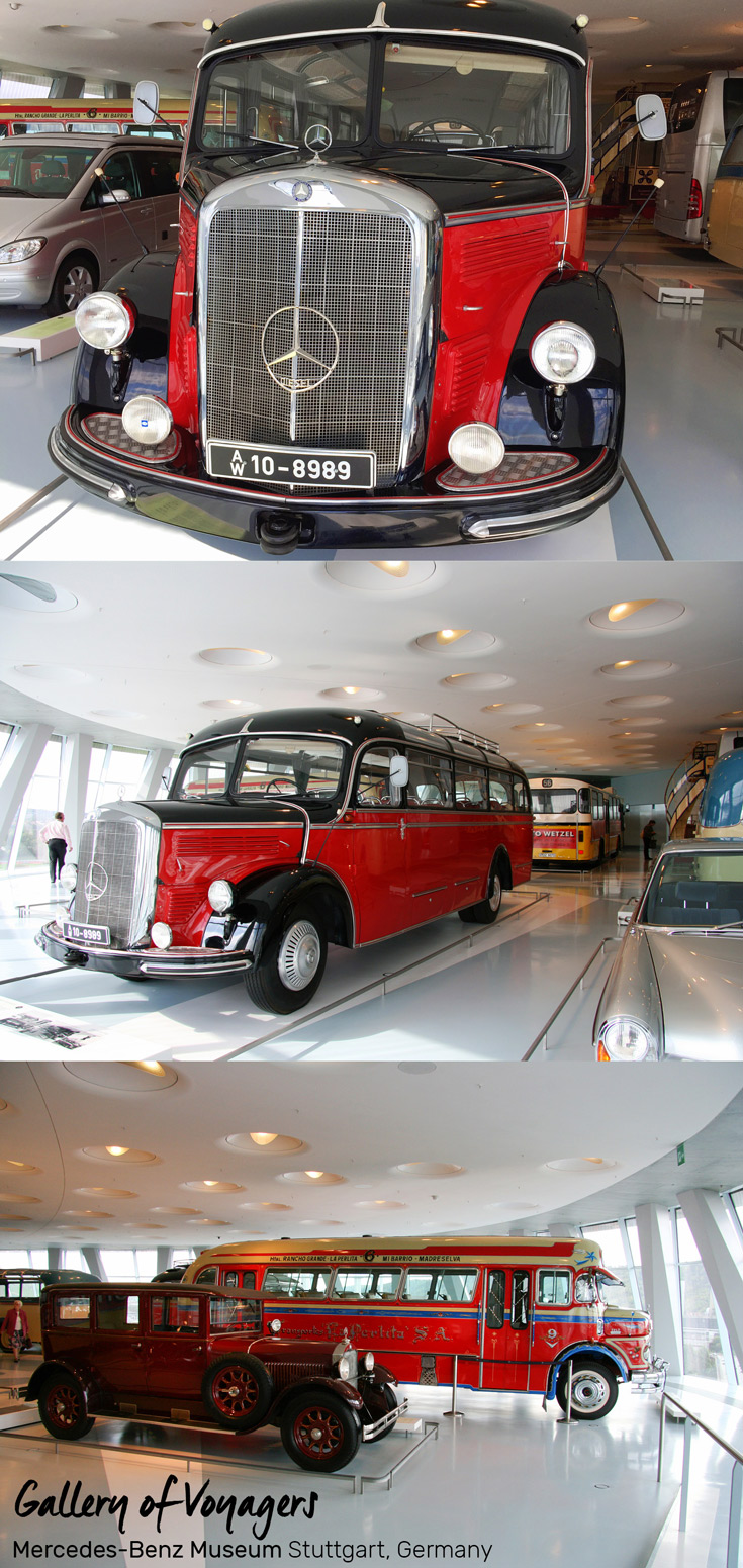 O 3500 Touring Mercedes Bus on display in the Gallery of Voyagers at the Mercedes-Benz Museum in Stuttgart, Germany