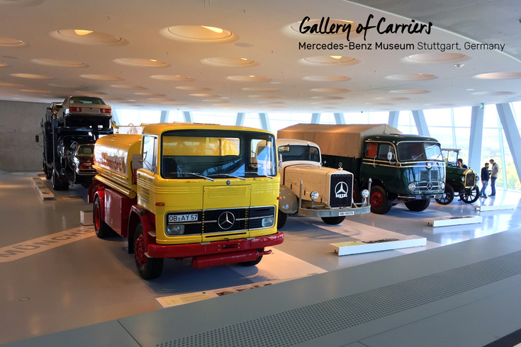Gallery of Carriers with trucks, car transporters and a mobile post office all at the Mercedes-Benz Museum in Stuttgart, Germany