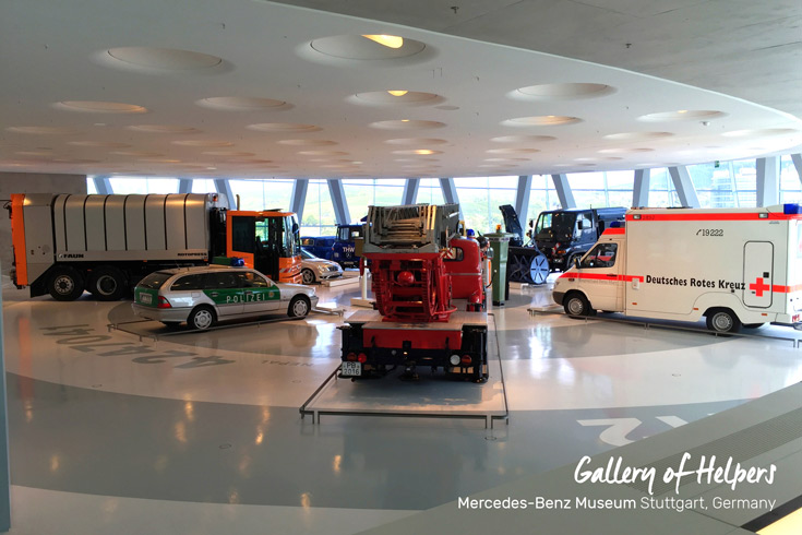 Collection 3, the Gallery of Helpers with police cars, fire trucks, and ambulance vehicles at the Mercedes-Benz Museum in Stuttgart, Germany