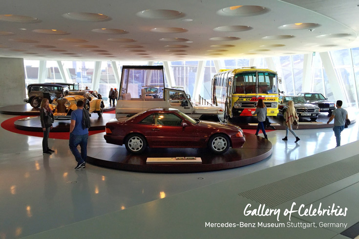 Collection 4, Gallery of Celebrities with the popemobile, Princess Diana's car, and an SUV from Jurassic Park at the Mercedes-Benz Museum in Stuttgart, Germany