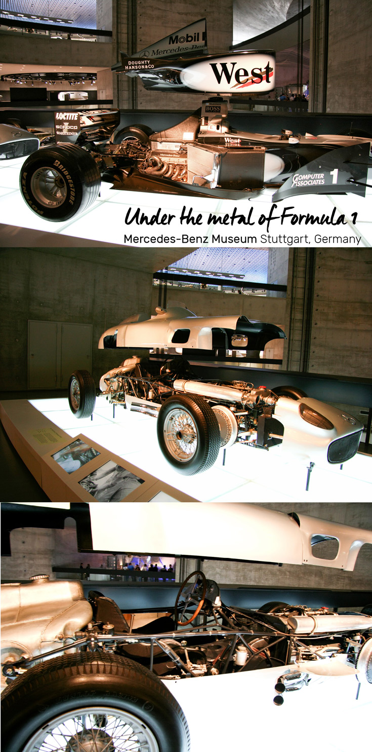 Under the metal of Formula 1 exhibit at the Mercedes-Benz Museum in Stuttgart, Germany