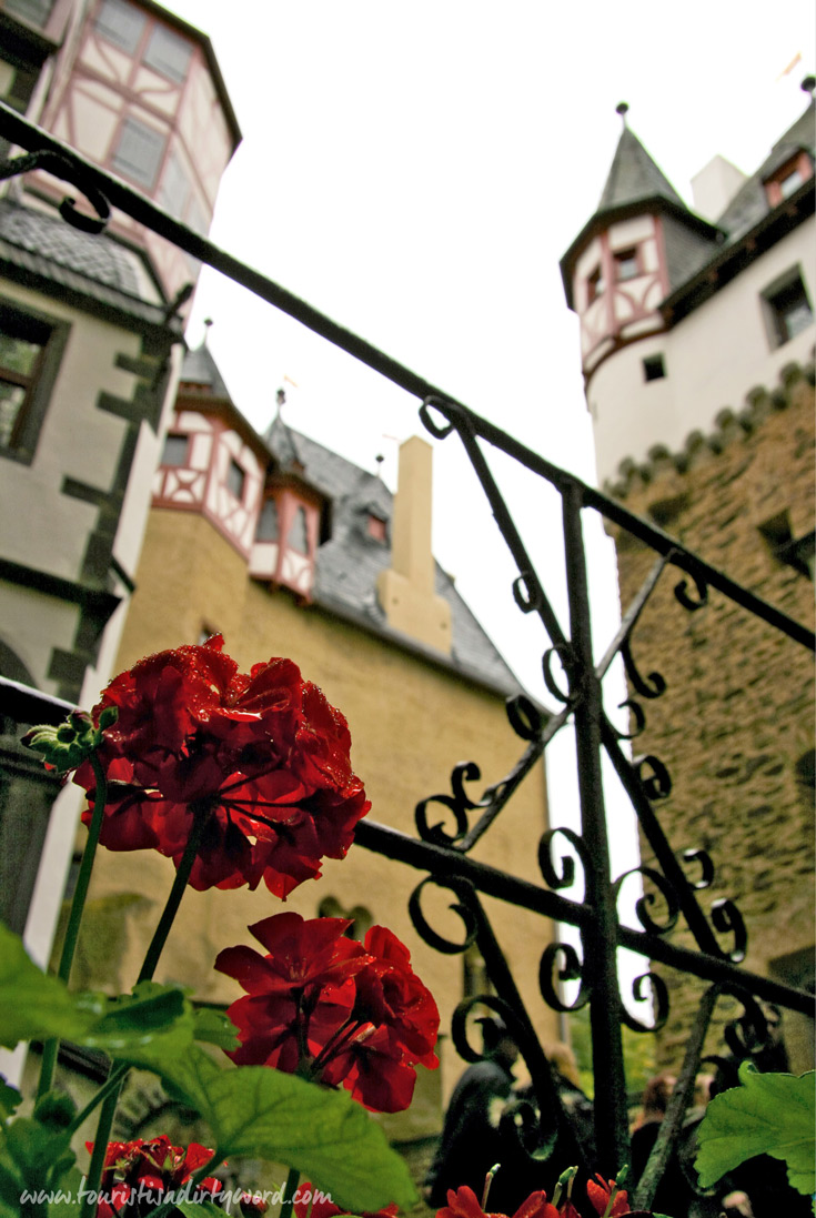 Burg Eltz inner courtyard geraniums with dew
