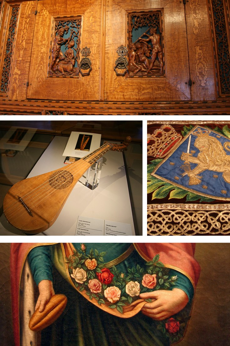 Top: Dürer cupboard c. 1515 | Left: Lute from 1450 | Exhibits at the Wartburg Art Collection